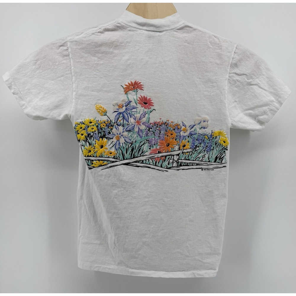 Vintage 1990 Oneita Wildflowers Graphic T-Shirt Size M Made in USA Single Stitch - Picture 5 of 11